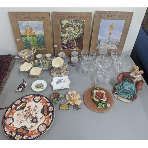 194 - Ceramics and glassware to include a 1930's lamp shade, glasses, a Masons plate, a Royal Crown Derby ... 