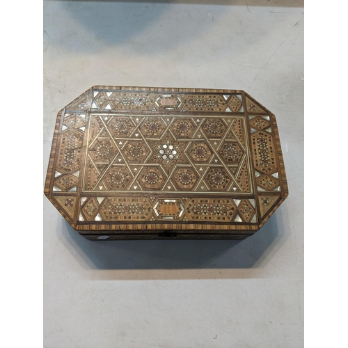 202 - Middle Eastern items to include parquetry inlay octagonal box together with a miniature tri-topped t... 