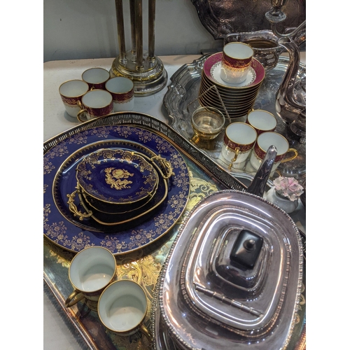 203 - Mixed silver plated items to include trays, tea pots, candlesticks, a Wedgwood vase, a Lilliput Lane... 