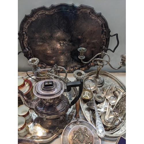 203 - Mixed silver plated items to include trays, tea pots, candlesticks, a Wedgwood vase, a Lilliput Lane... 