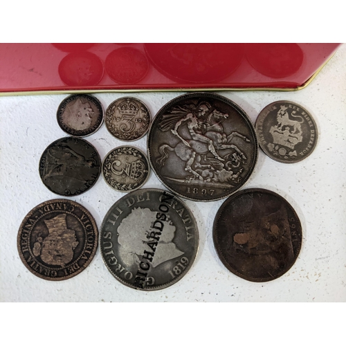 214 - Coins to include a Victorian Crown 1897, a George IV shilling, stamped half crown and foreign coins
... 