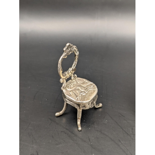 228 - A silver miniature Victorian style chair together with a miniature tankard with a silver rim
Locatio... 