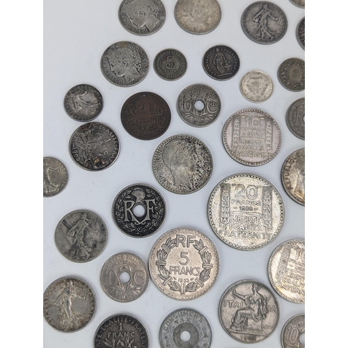 27 - A group of late 19th/early 20th century silver and other coinage to include 1872 one Franc, 1872 50 ... 