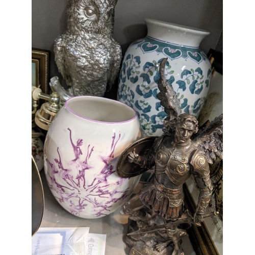 325 - A mixed lot to include a modern Chinese vase, a treen silver coloured owl, an oil on board by Robert... 