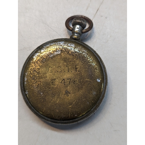 387 - A group of three pocket watches to include a Hamilton having a black dial and subsidiary dials, a Ro... 