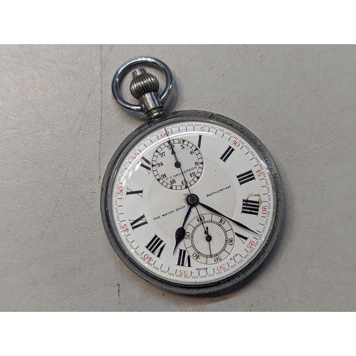 387 - A group of three pocket watches to include a Hamilton having a black dial and subsidiary dials, a Ro... 