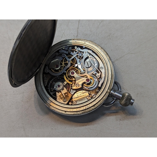 387 - A group of three pocket watches to include a Hamilton having a black dial and subsidiary dials, a Ro... 