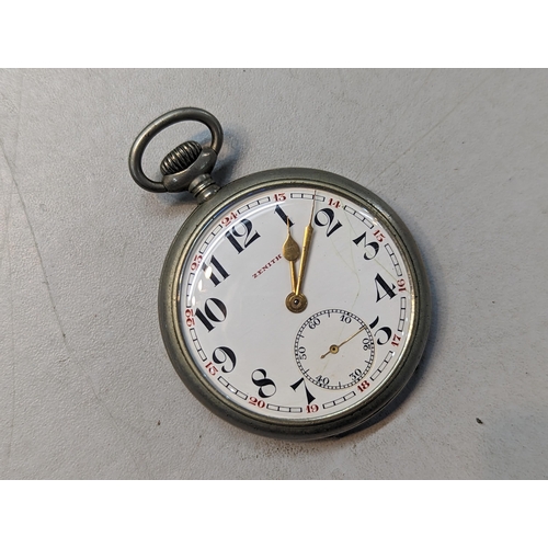 390 - A Zenith Grand Prix 1900 pocket watch having a white enamel dial A/F with Arabic numerals, subsidiar... 