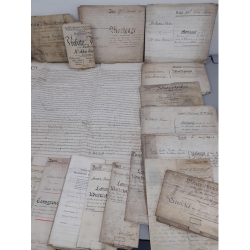 391 - Indentures to include mid 19th Century recoverances, letters of administration and mortgages relatin... 