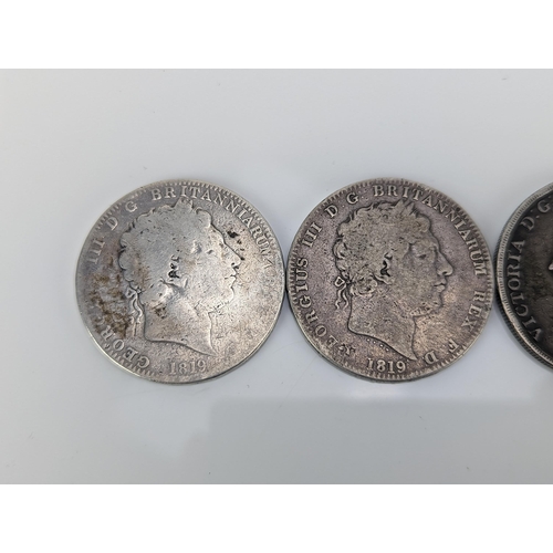 4 - United Kingdom - 19th century British silver Crowns to include a pair of 1819 'LIX', three 1890 exam... 