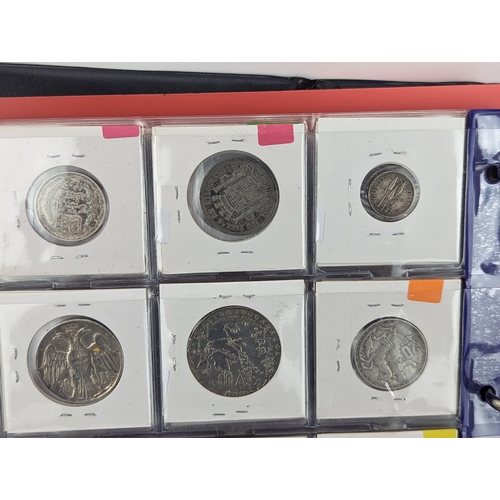 46 - An album of mixed world silver coinage to include a 1912 British Trade Dollar, 1861-1908 Chinese Don... 