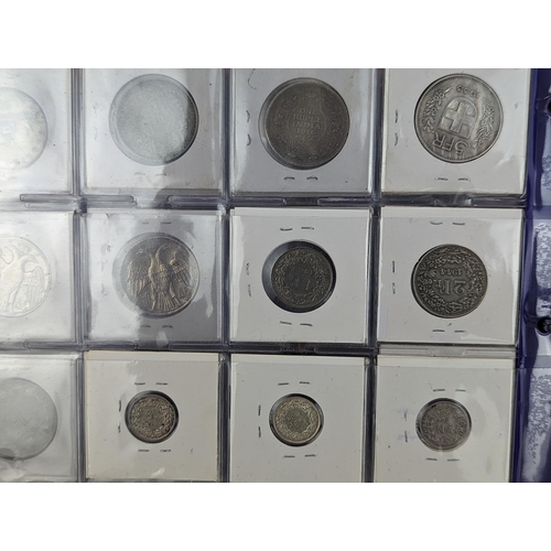 46 - An album of mixed world silver coinage to include a 1912 British Trade Dollar, 1861-1908 Chinese Don... 