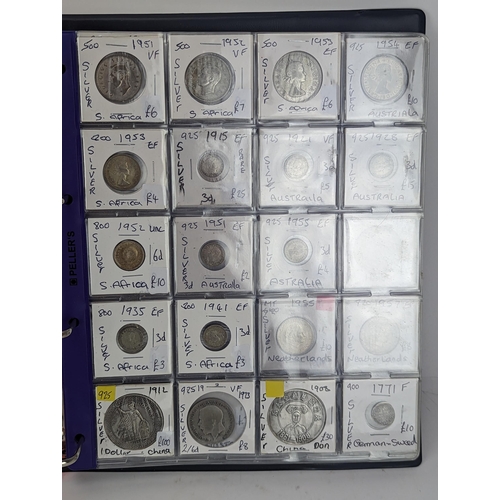 46 - An album of mixed world silver coinage to include a 1912 British Trade Dollar, 1861-1908 Chinese Don... 