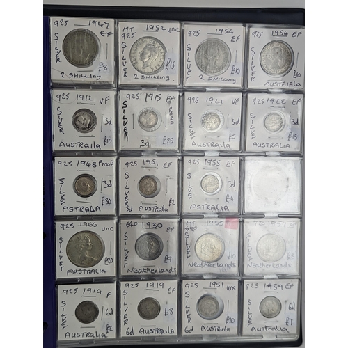 46 - An album of mixed world silver coinage to include a 1912 British Trade Dollar, 1861-1908 Chinese Don... 