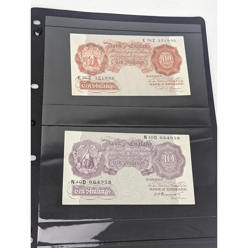 56 - British banknotes to include wartime Mauve 10 shilling and blue one pound notes, pre-war one pound a... 