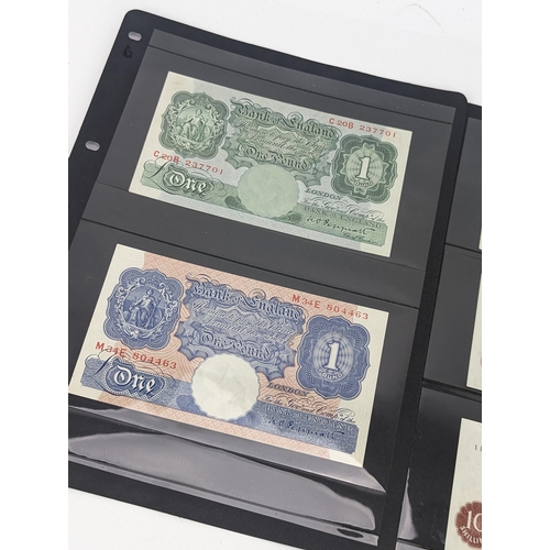 56 - British banknotes to include wartime Mauve 10 shilling and blue one pound notes, pre-war one pound a... 