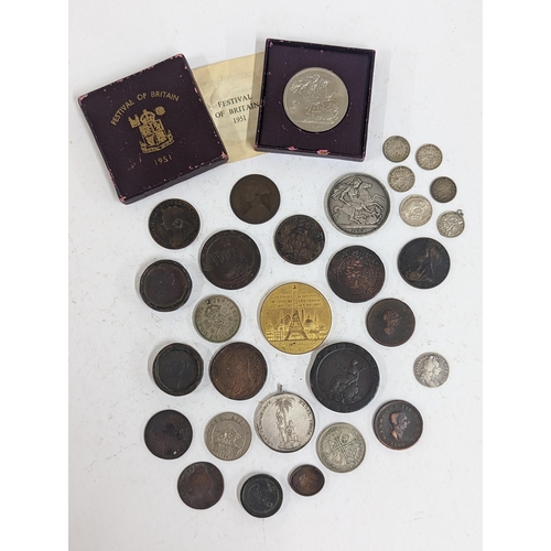 80 - Mixed coinage to include a William III 169* silver sixpence A/F and copper examples, Cartwheel penny... 