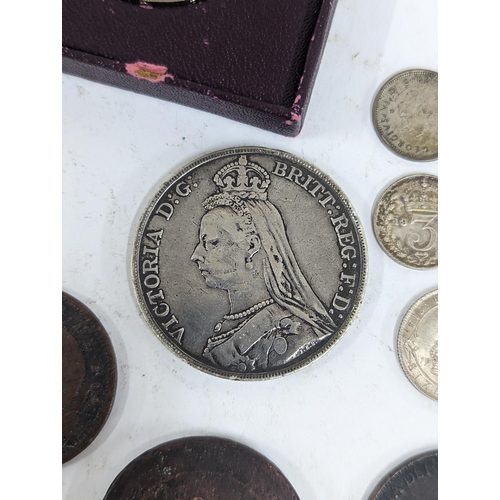 80 - Mixed coinage to include a William III 169* silver sixpence A/F and copper examples, Cartwheel penny... 