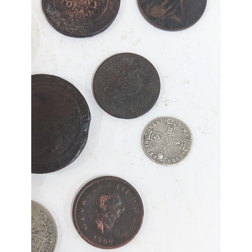 80 - Mixed coinage to include a William III 169* silver sixpence A/F and copper examples, Cartwheel penny... 