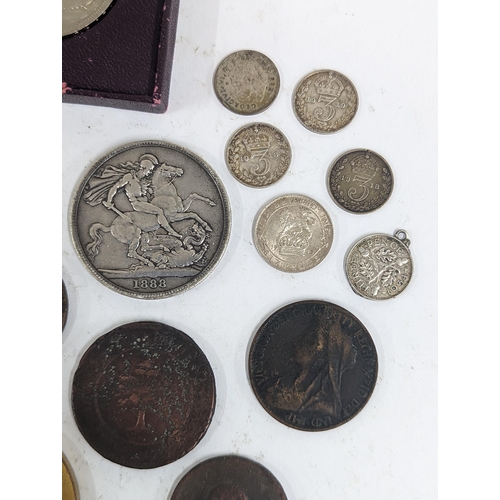 80 - Mixed coinage to include a William III 169* silver sixpence A/F and copper examples, Cartwheel penny... 