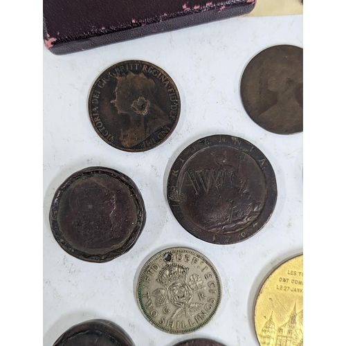 80 - Mixed coinage to include a William III 169* silver sixpence A/F and copper examples, Cartwheel penny... 