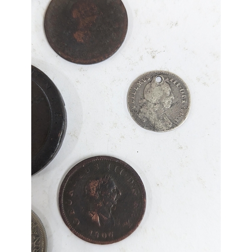 80 - Mixed coinage to include a William III 169* silver sixpence A/F and copper examples, Cartwheel penny... 