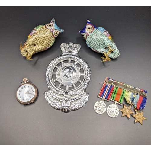 83 - Collectables to two cloisonne model owls, a silver and gold rob watch A/F, miniature medals and a Ro... 