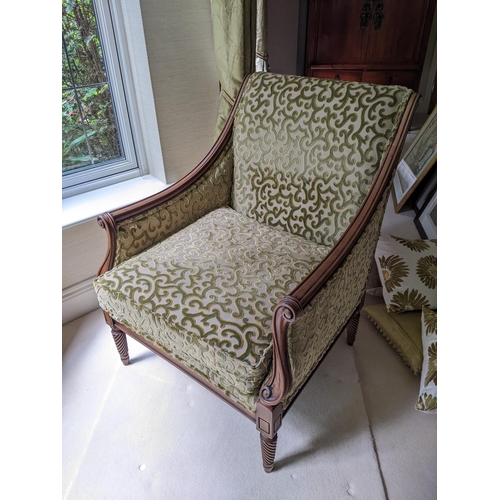 276 - A modern Regency style stained beech framed armchair with scrolled, cut brocade fabric on rope twist... 