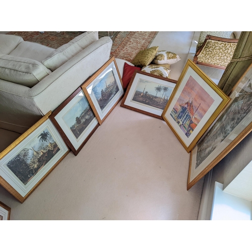 281 - Prints to include reproductions of Chinese landscapes in gilt frames, a reproduction map and a pagod... 