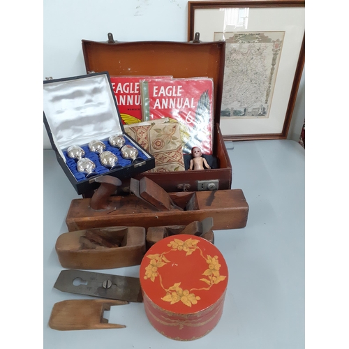 25 - Collectables to include woodworking planes, a map, a set of six silver plated cups, a case and other... 