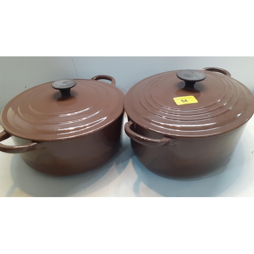 54 - Two Le Cruset brown enamelled oven casserole dishes with lids, Location:10.4