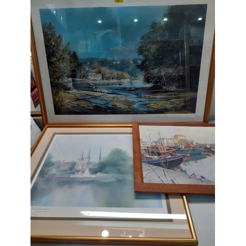 55 - Mixed prints to include a Vernon Ward harbour print, two Lowry prints, a signed K B Hancock Lichfiel... 