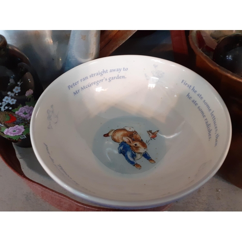 63 - A vintage lot containing kitchen ware, a Wedgwood Peter Rabbit nursery bowl and a yellow Boda vase, ... 