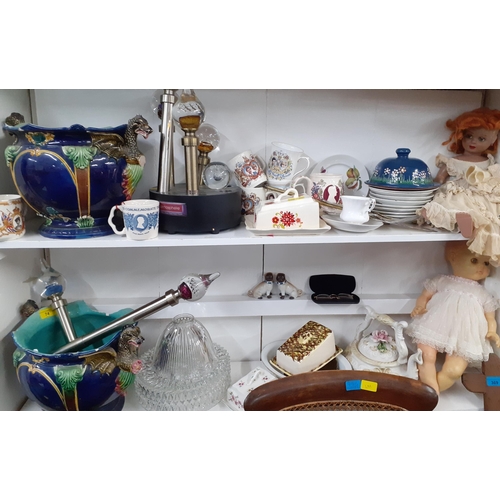 74 - A mixed lot to include a pair of Majolica planters A/F, vintage cheese dishes, dolls and a light dis... 