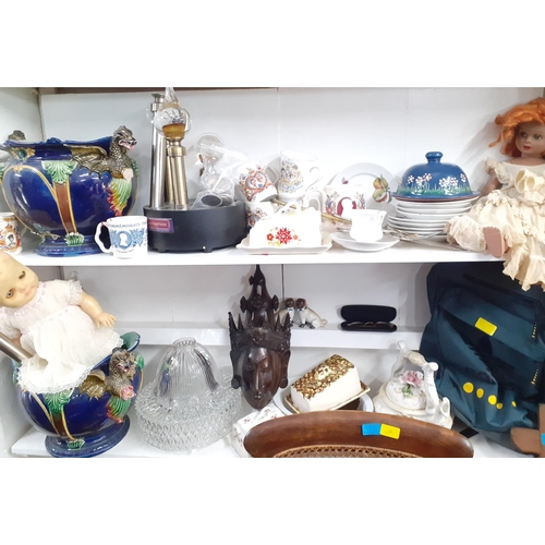 74 - A mixed lot to include a pair of Majolica planters A/F, vintage cheese dishes, dolls and a light dis... 