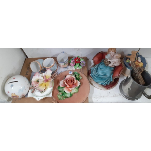 74 - A mixed lot to include a pair of Majolica planters A/F, vintage cheese dishes, dolls and a light dis... 