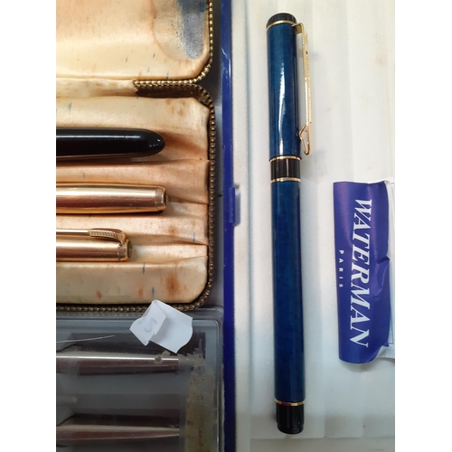 9 - Pens to include a set of three mid 20th century Parker fountain, ballpoint and a pencil cased, A/F, ... 