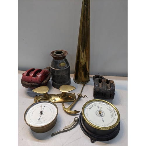 179 - A selection of ship related items to include a Pascall Atkey & Son yacht megaphone, pully blocks, ba... 