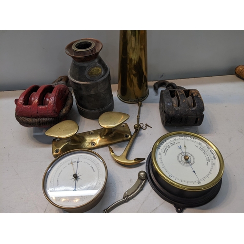 179 - A selection of ship related items to include a Pascall Atkey & Son yacht megaphone, pully blocks, ba... 