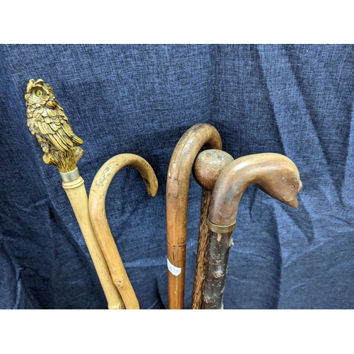 185 - Mixed walking sticks and a stick stand to include a bamboo stick having an owl carved handle
Locatio... 