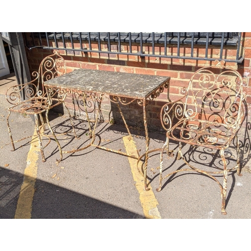 207 - A vintage wrought iron garden table with a marble top and a pair of matching chairs Location:FOYER