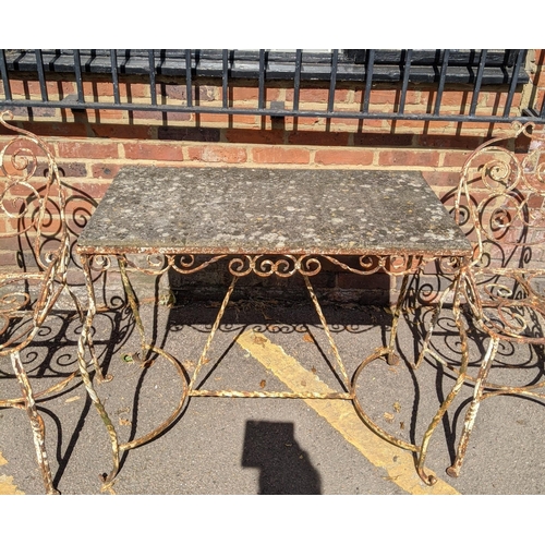 207 - A vintage wrought iron garden table with a marble top and a pair of matching chairs Location:FOYER