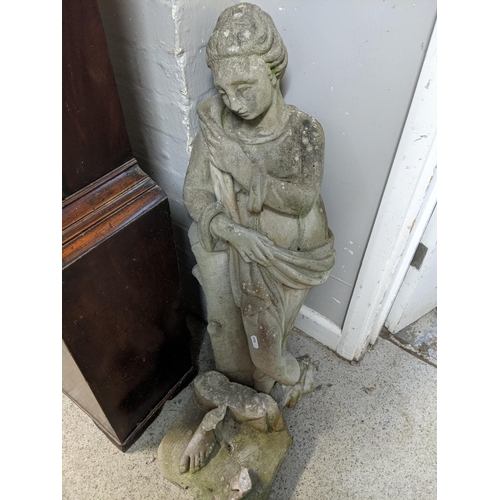 220 - A weathered composition garden statue of a classical maiden, robed, 93cm A/F, Location:G