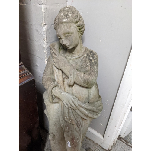 220 - A weathered composition garden statue of a classical maiden, robed, 93cm A/F, Location:G