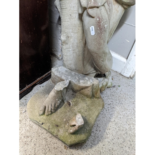 220 - A weathered composition garden statue of a classical maiden, robed, 93cm A/F, Location:G