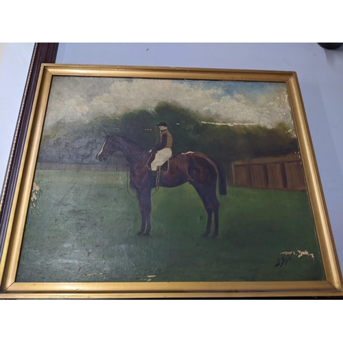 249 - An oil on canvas depicting an equestrian and jockey, signed F. Bye to the lower right corner, togeth... 