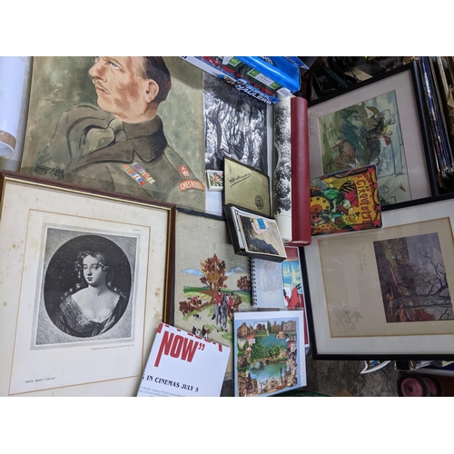 308 - A mixed lot of prints, paintings, postcards and enamel signs to include a WWII watercolour of a sold... 