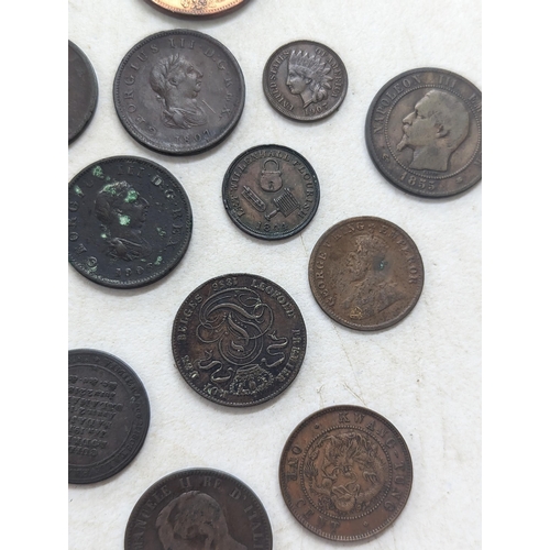 318 - A collection of George II and later coins and tokens to include 1858 Penny, 1854 Halfpenny, 1754 Far... 