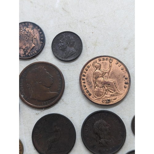 318 - A collection of George II and later coins and tokens to include 1858 Penny, 1854 Halfpenny, 1754 Far... 