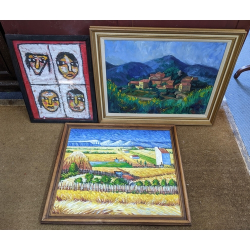 341 - After Van Gough - 'The Harvest', oil on board, 27 inches x 23 inches, framed, an oil on canvas hills... 